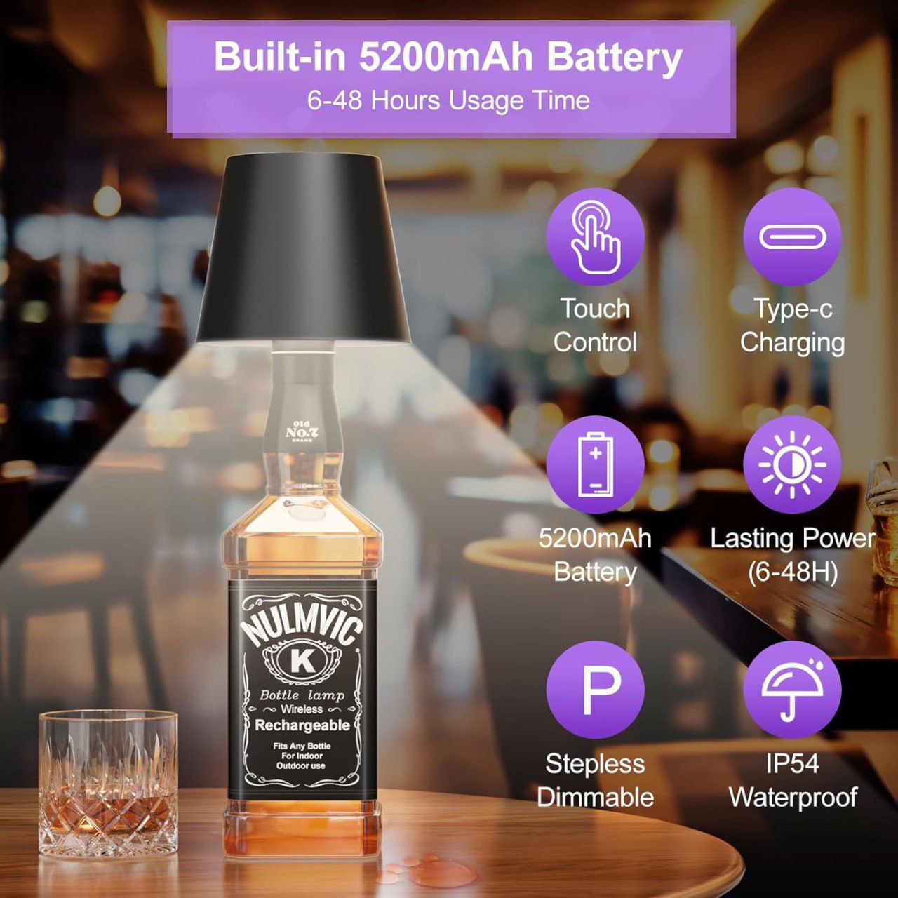 Aura Bottle Top Wireless Led Lamp, Rechargeable (Fits almost all bottles)